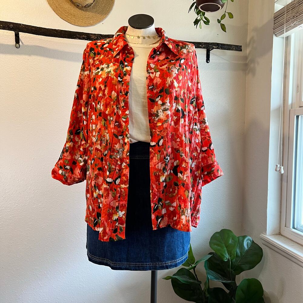 Bright Spring Summer Floral Lightweight Cotton Button Front Top Size 3X